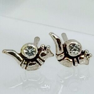 Vintage Thai Sterling Silver 925 Snail Stud Earrings Crystal Shell Tiny Nature